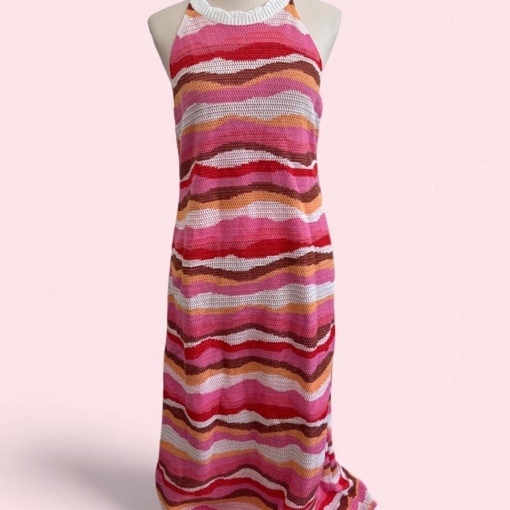 LOFT Multicolor Striped Crochet Knit Maxi Dress Size L